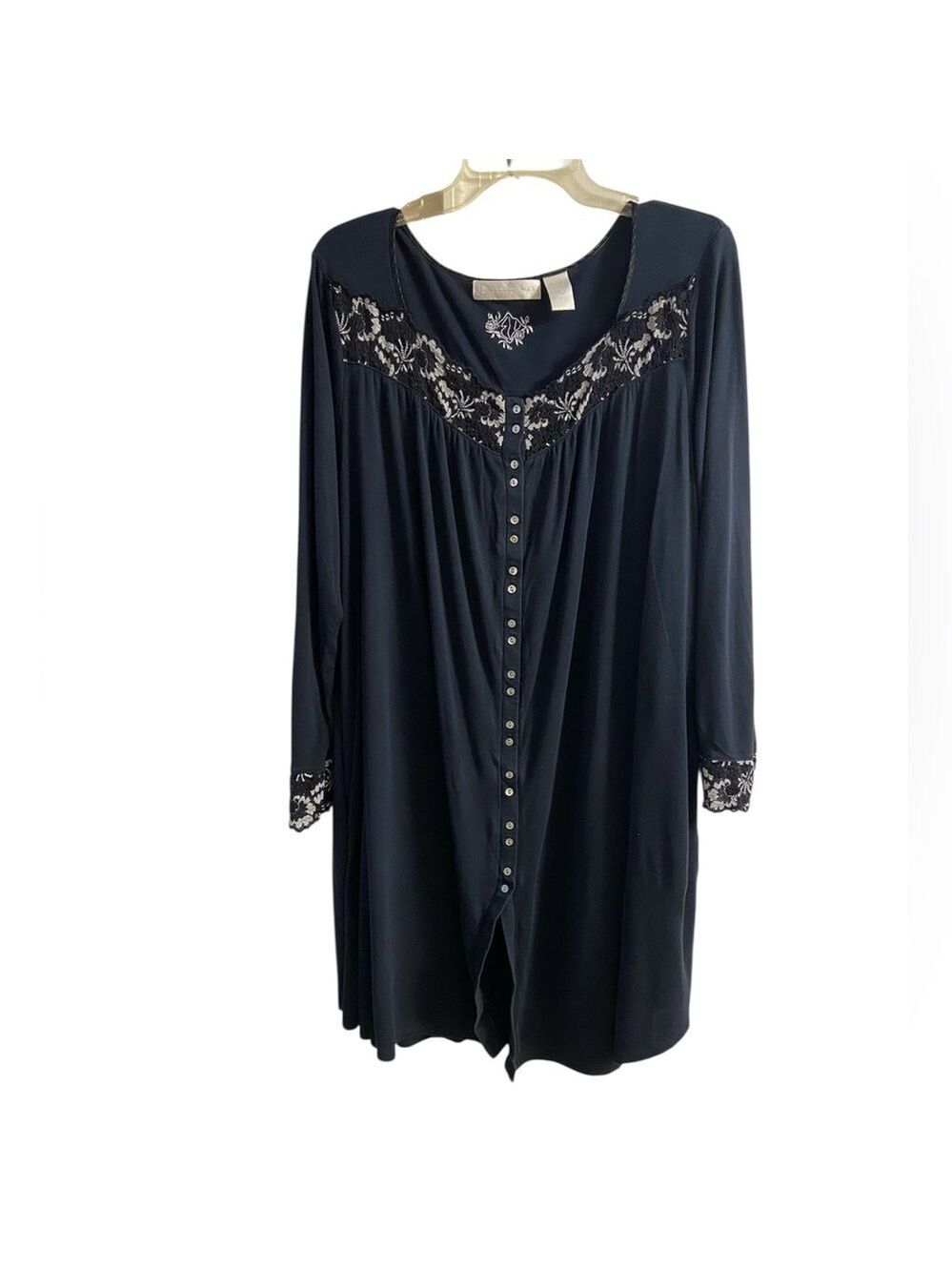 Eileen West Navy Blue Jersey Knit Button Up Lace Trim Nightgown Large